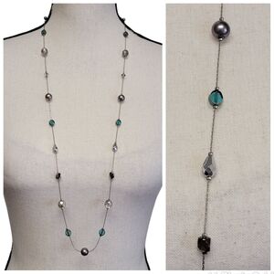 Blue & Gray Beaded Station Necklace 36" Long Translucent‎ Faceted Beads Balls
